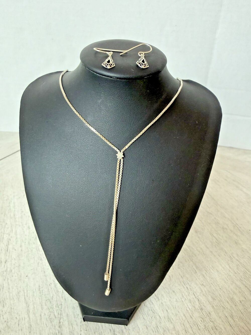 925 Sterling Silver Star Slider Box Chain Y Necklace & Filigree Kite Earrings